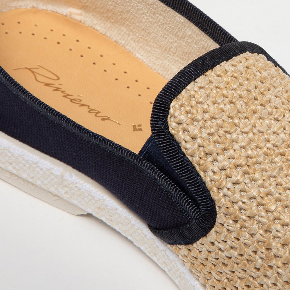 Rivieras Leisure Shoes Classic Cotton Canvas & Raffia Slip - On Loafer in Navy 1331 Shoes handmade in Spain.