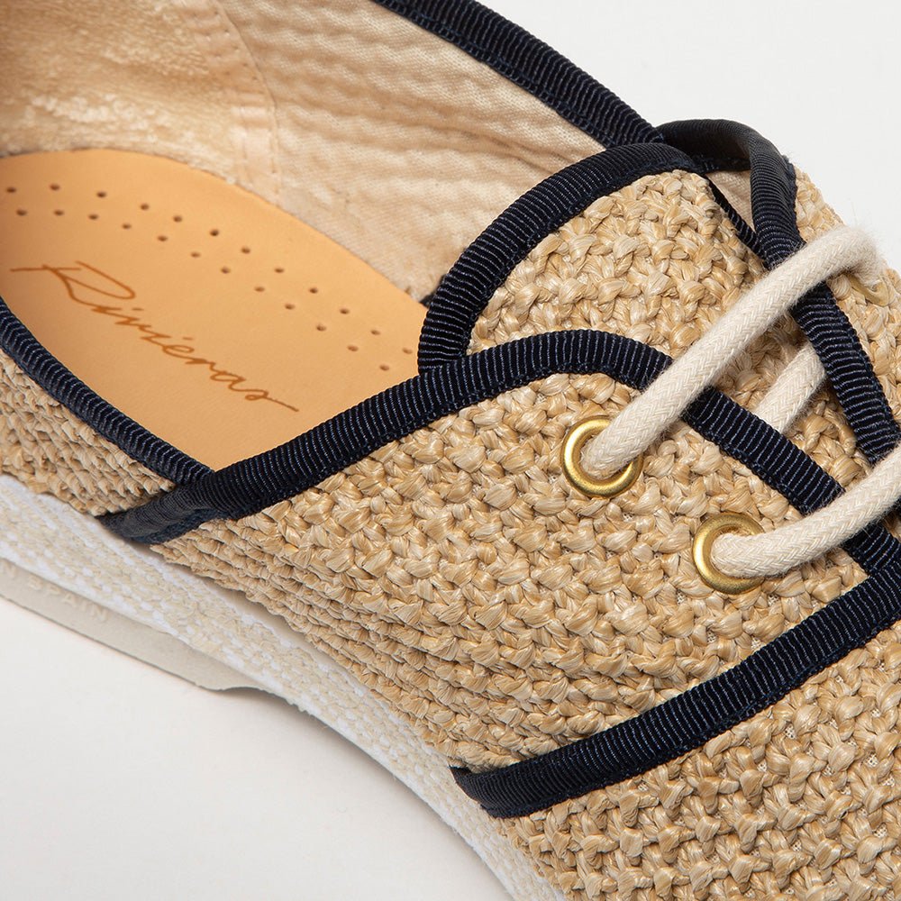 Rivieras Leisure Shoes Raffia Slip - On Loafer with Laces & Navy Trim 4051 handmade in Spain.