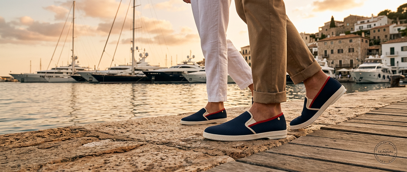 Two people on a boardwalk wearing navy slip on loafers