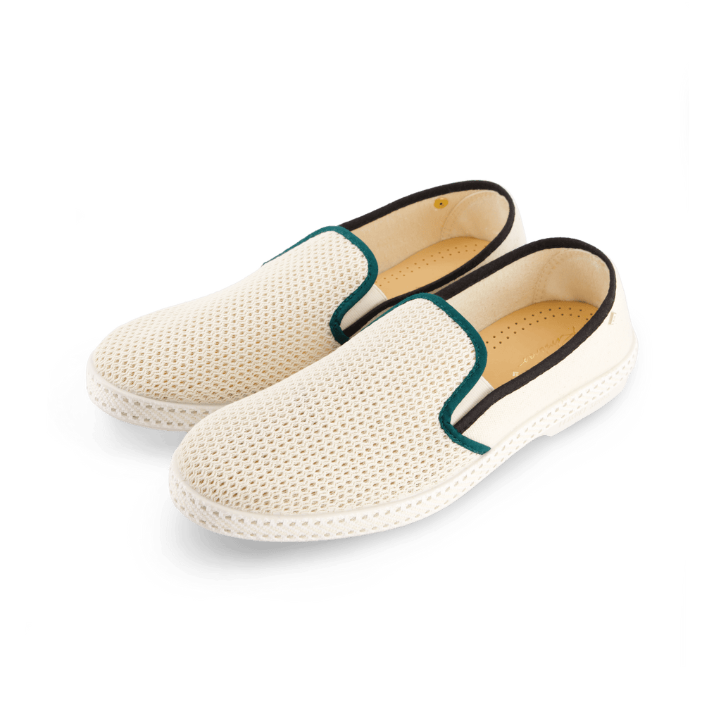 Rivieras European Union Cotton Canvas & Mesh Slip - On Loafer Cream with Black & Green 9282 Shoes handmade in Spain.