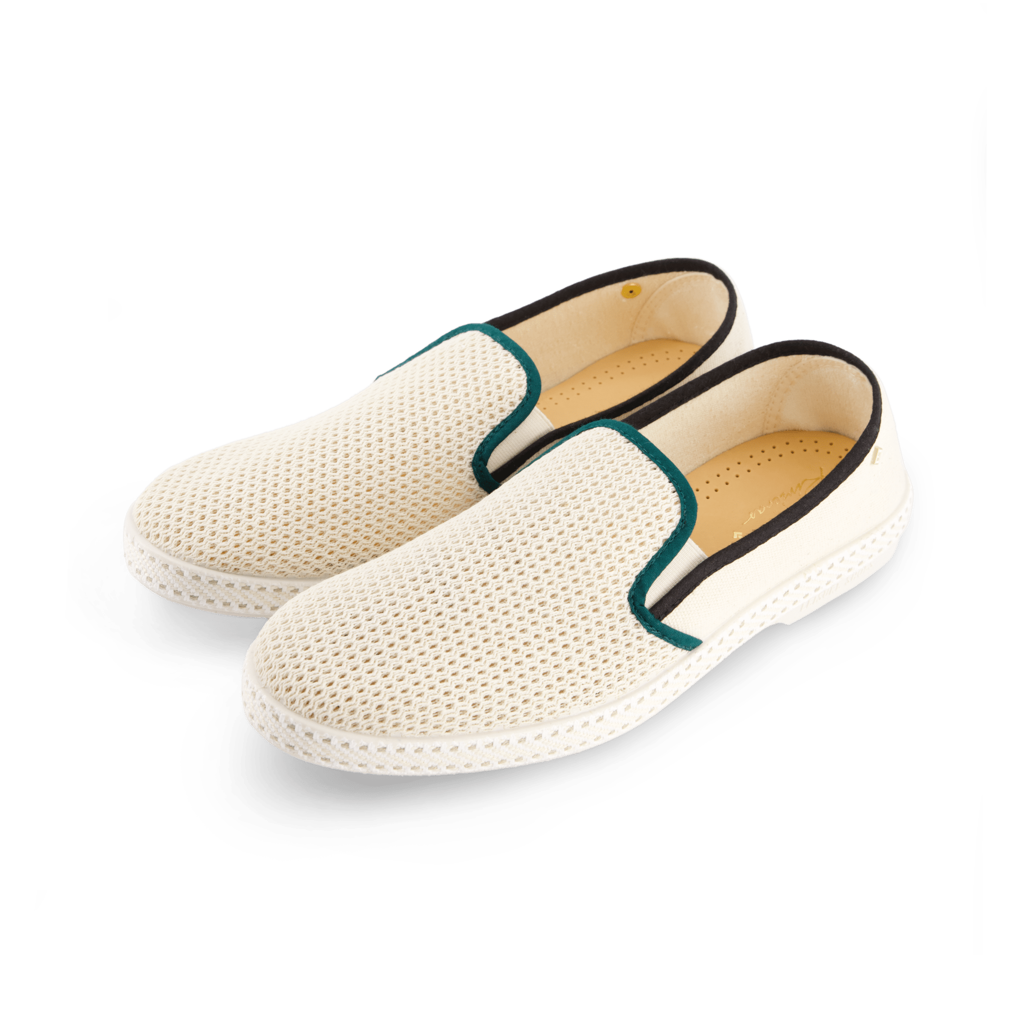 Rivieras European Union Cotton Canvas & Mesh Slip - On Loafer Cream with Black & Green 9282 Shoes handmade in Spain.