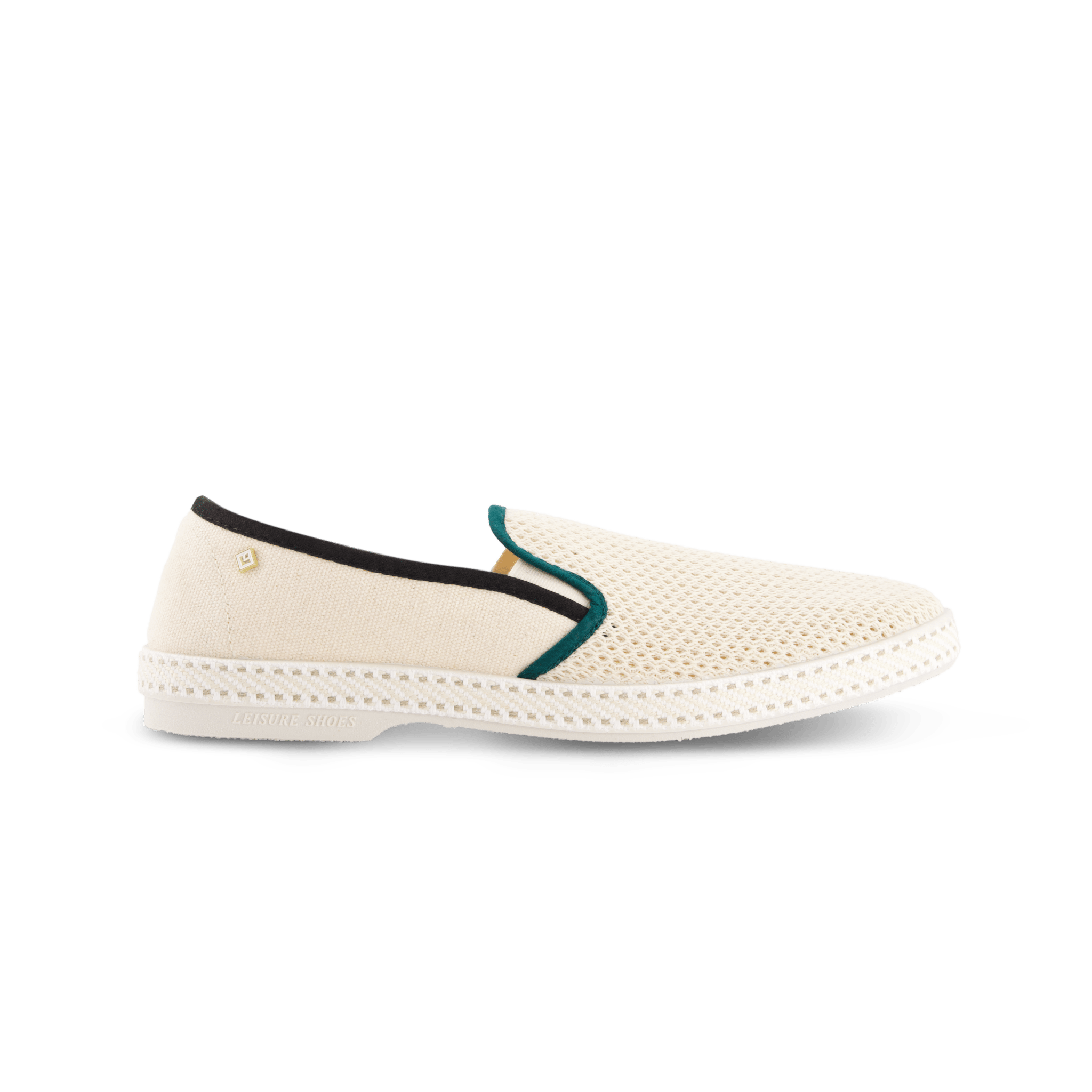 Rivieras European Union Cotton Canvas & Mesh Slip - On Loafer Cream with Black & Green 9282 Shoes handmade in Spain.