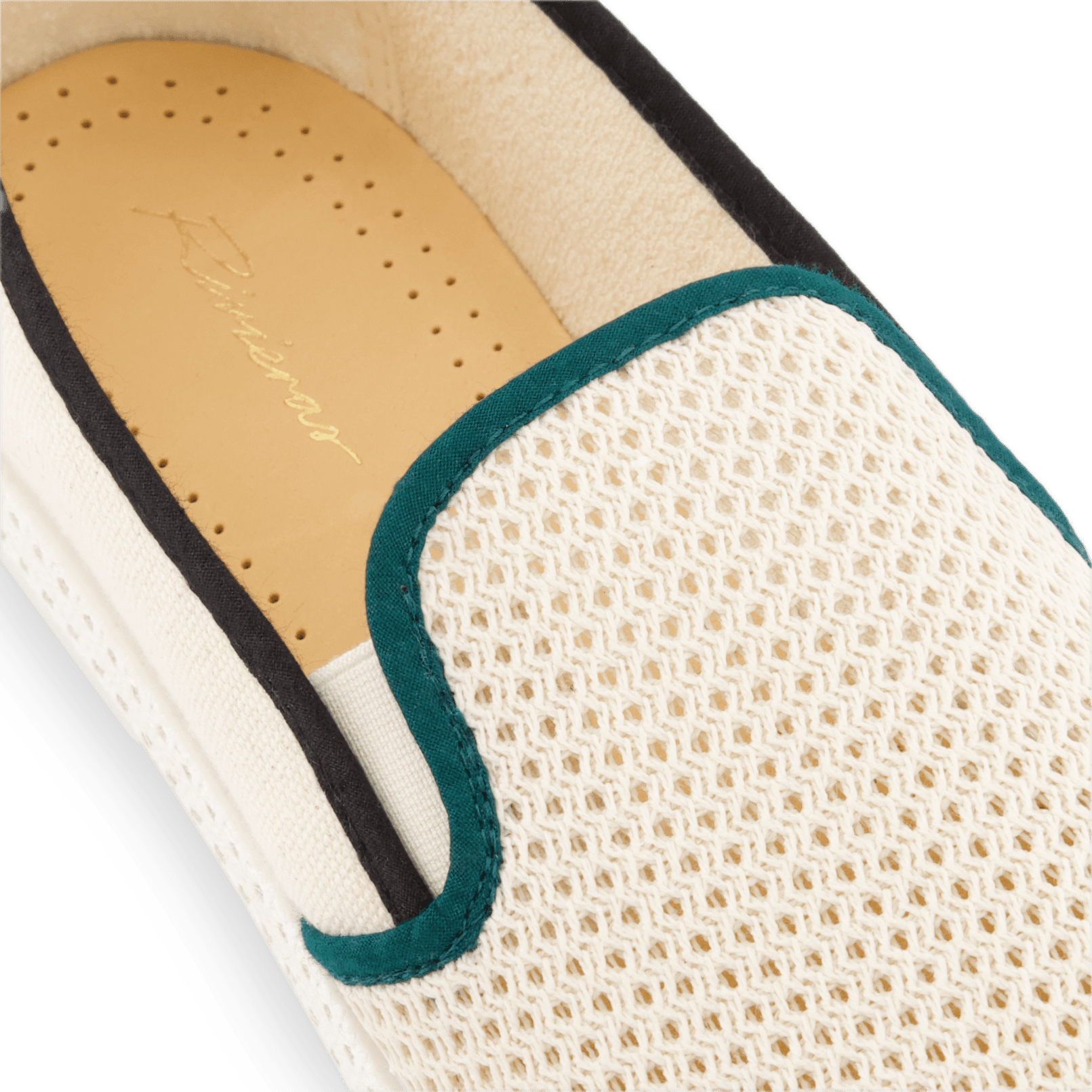 Rivieras European Union Cotton Canvas & Mesh Slip - On Loafer Cream with Black & Green 9282 Shoes handmade in Spain.