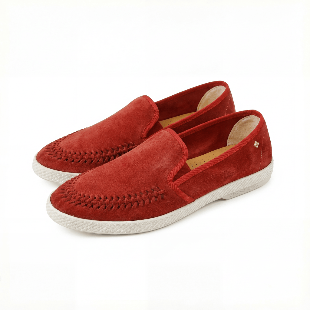 Rivieras Leisure Shoes Classic Braided Red Suede SHOES handmade in Spain.