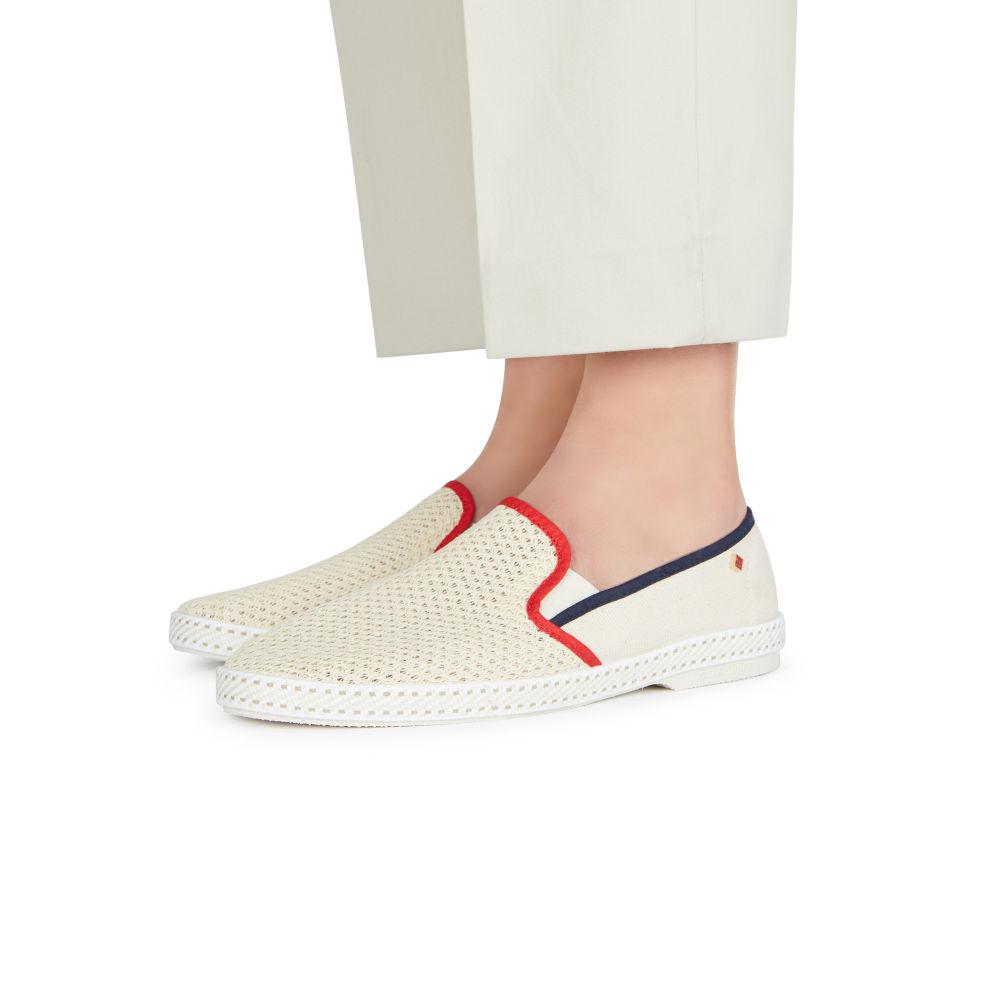 Rivieras Leisure shoes Classic Canvas & Mesh Slip - On Loafer in Cream with Navy and Red Trim 9245 Mocassin handmade in Spain.