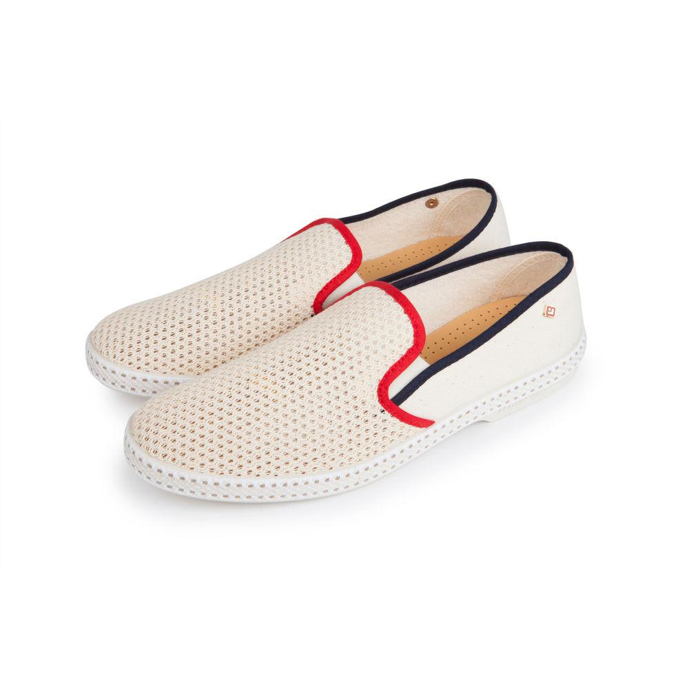 Rivieras Leisure shoes Classic Canvas & Mesh Slip - On Loafer in Cream with Navy and Red Trim 9245 Mocassin handmade in Spain.
