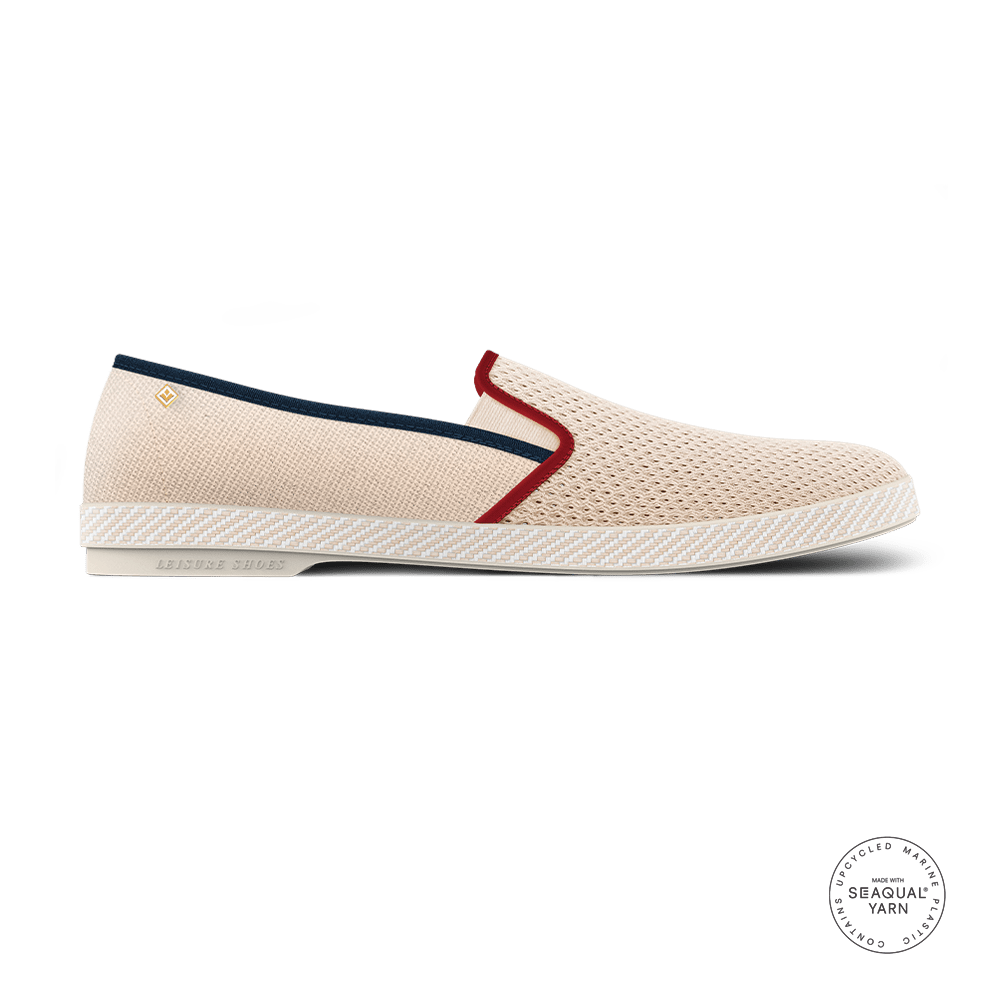 Rivieras Leisure shoes Classic Canvas & Mesh Slip - On Loafer in Cream with Navy and Red Trim 9245 Mocassin handmade in Spain.