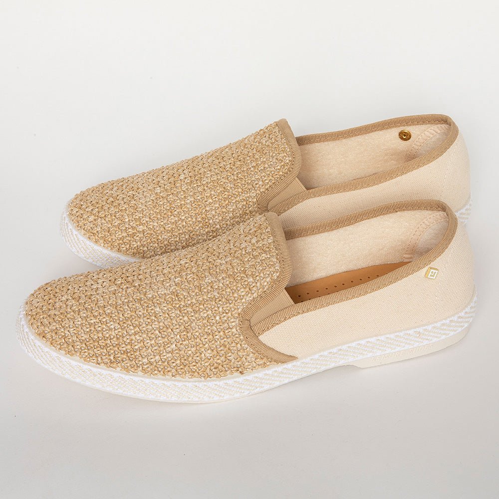 Rivieras Leisure Shoes Classic Cotton Canvas & Raffia Slip - On Loafer in Cream 1330 Shoes handmade in Spain.