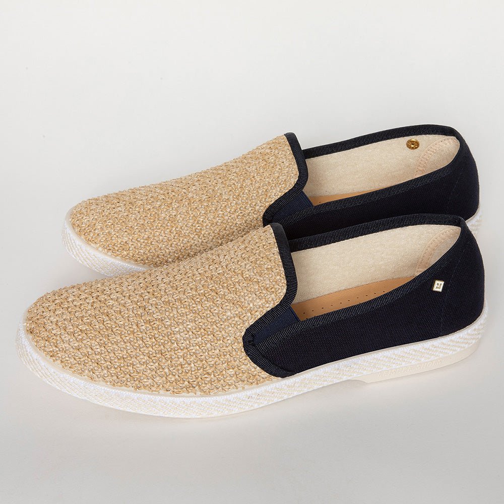 Rivieras Leisure Shoes Classic Cotton Canvas & Raffia Slip - On Loafer in Navy 1331 Shoes handmade in Spain.