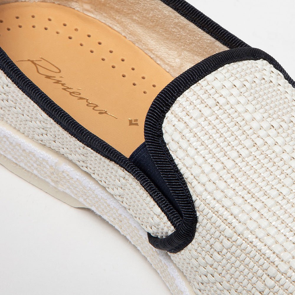 Rivieras Leisure Shoes Classic Textured Raffia Slip - On Loafer in Ivory with Navy Trim 1510 Shoes handmade in Spain.