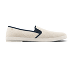 Rivieras Leisure Shoes Classic Textured Raffia Slip - On Loafer in Ivory with Navy Trim 1510 Shoes handmade in Spain.