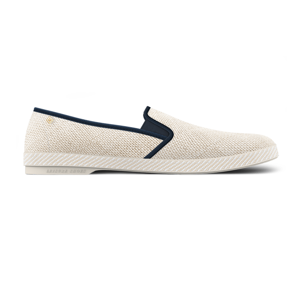 Rivieras Leisure Shoes Classic Textured Raffia Slip - On Loafer in Ivory with Navy Trim 1510 Shoes handmade in Spain.