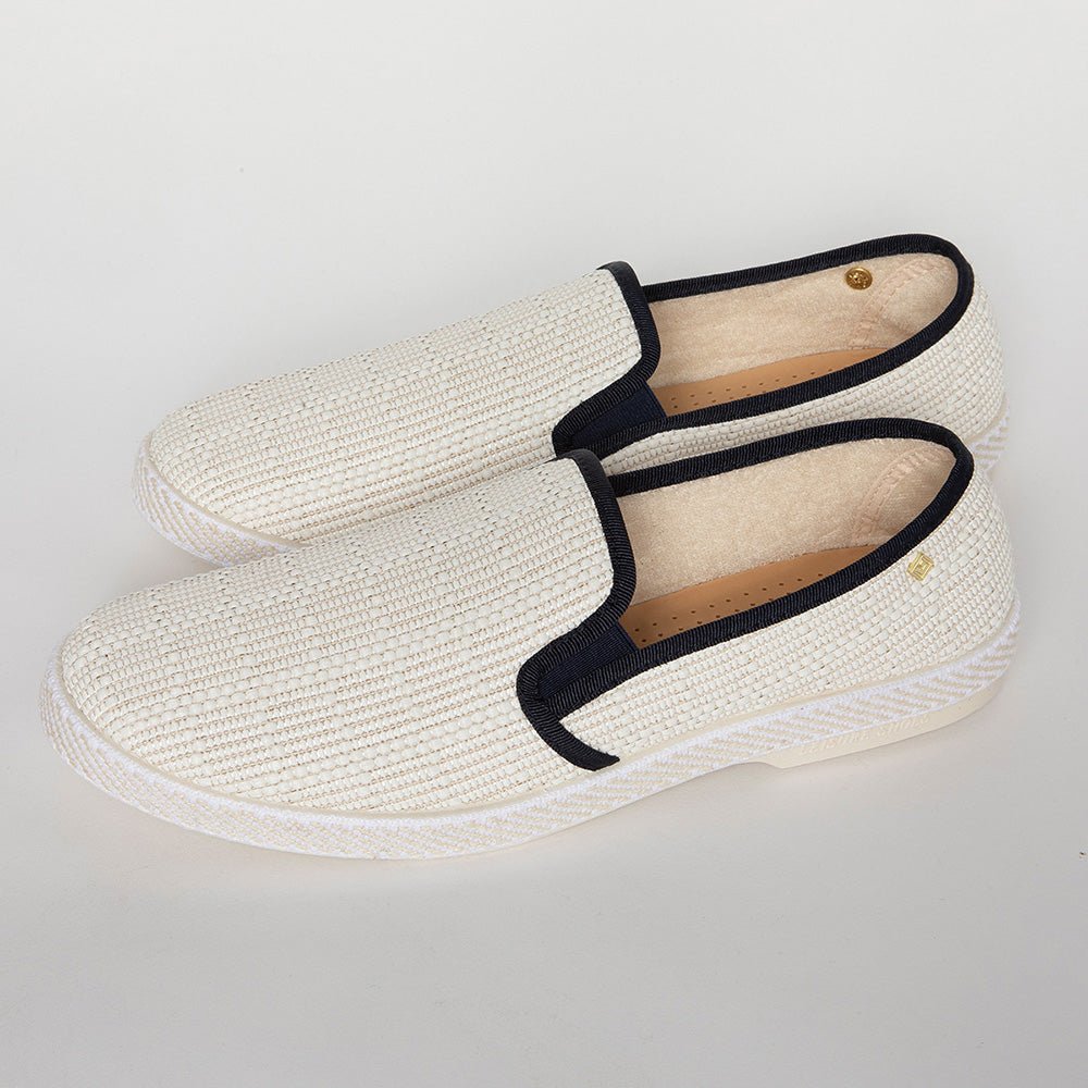 Rivieras Leisure Shoes Classic Textured Raffia Slip - On Loafer in Ivory with Navy Trim 1510 Shoes handmade in Spain.