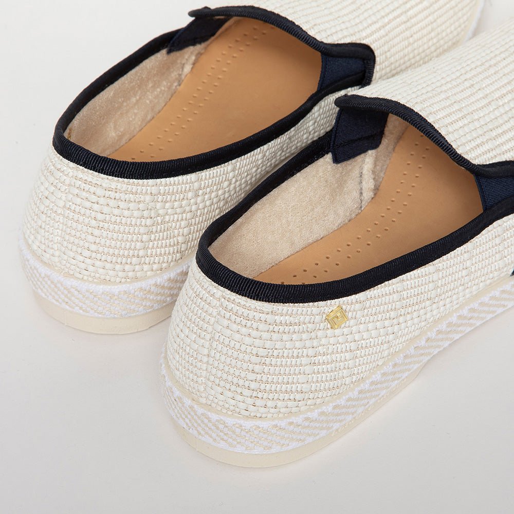 Rivieras Leisure Shoes Classic Textured Raffia Slip - On Loafer in Ivory with Navy Trim 1510 Shoes handmade in Spain.