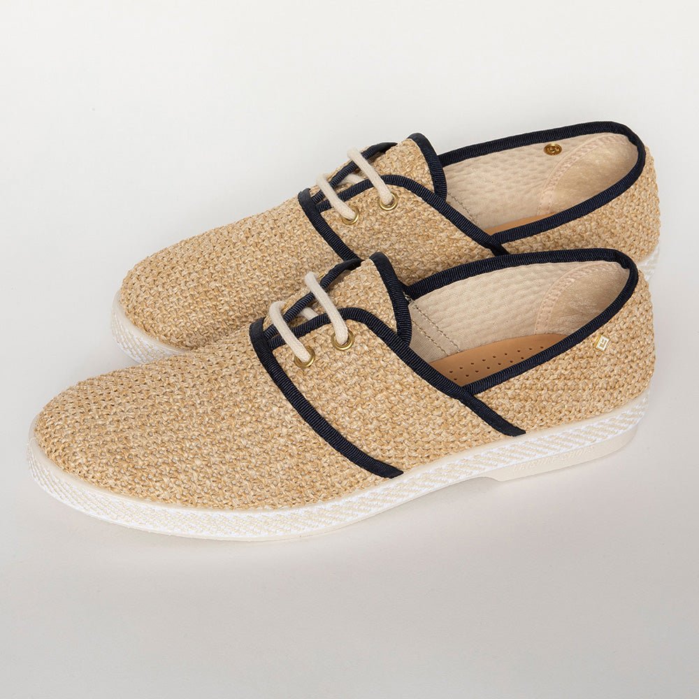 Rivieras Leisure Shoes Raffia Slip - On Loafer with Laces & Navy Trim 4051 handmade in Spain.