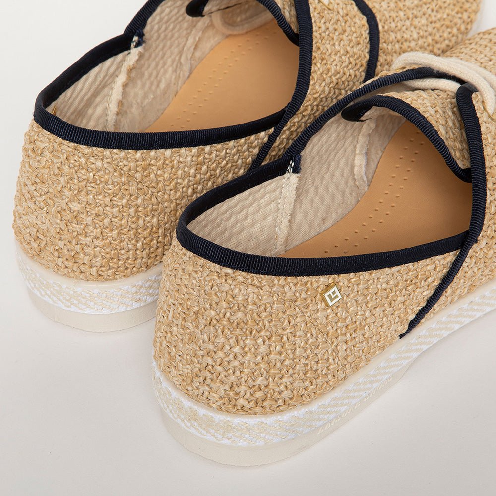 Rivieras Leisure Shoes Raffia Slip - On Loafer with Laces & Navy Trim 4051 handmade in Spain.