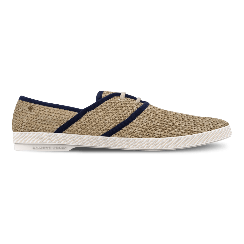 Rivieras Leisure Shoes Raffia Slip - On Loafer with Laces & Navy Trim 4051 handmade in Spain.