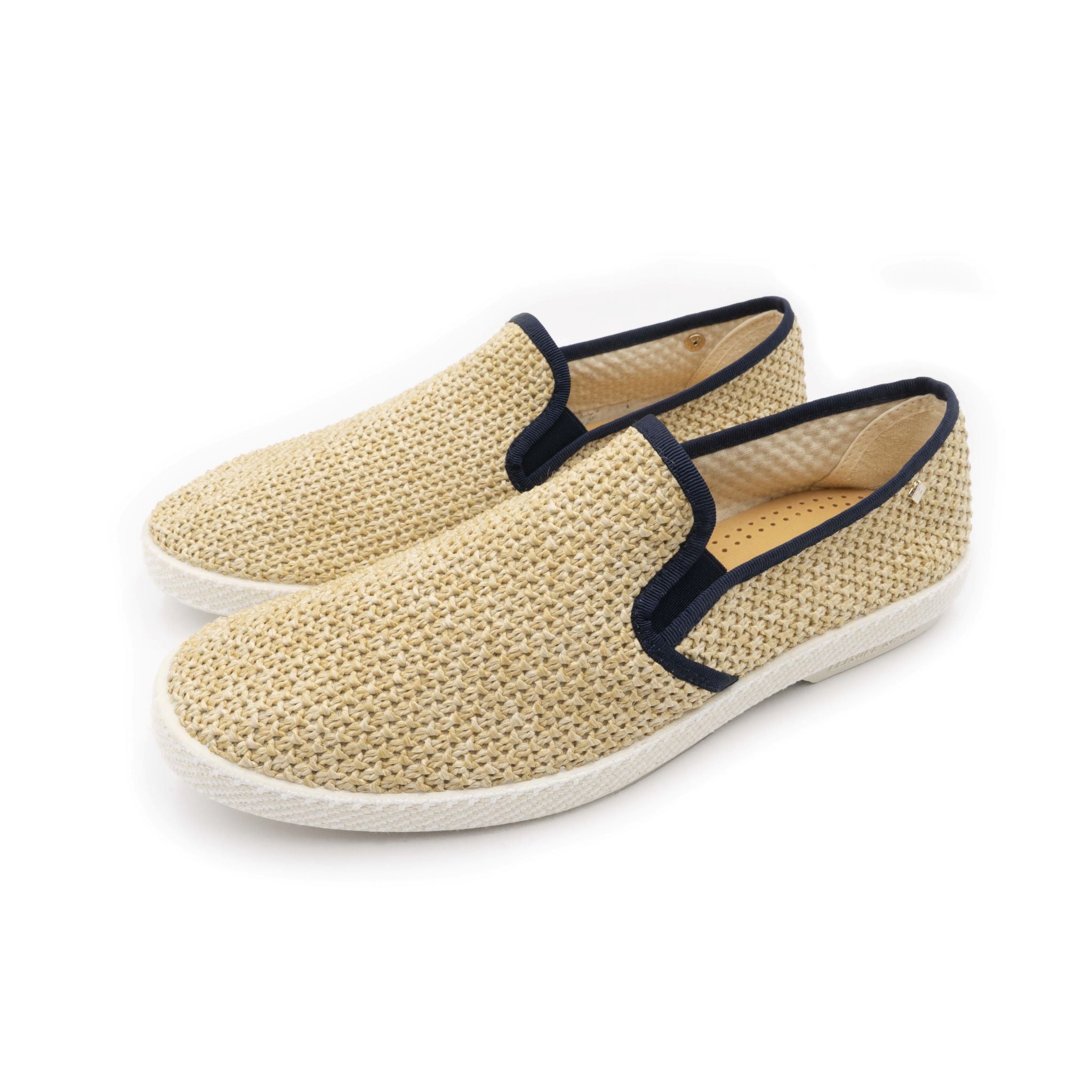 Rivieras Leisure shoes Raffia Slip - On Loafer with Navy Trim 1312 Mocassin handmade in Spain.