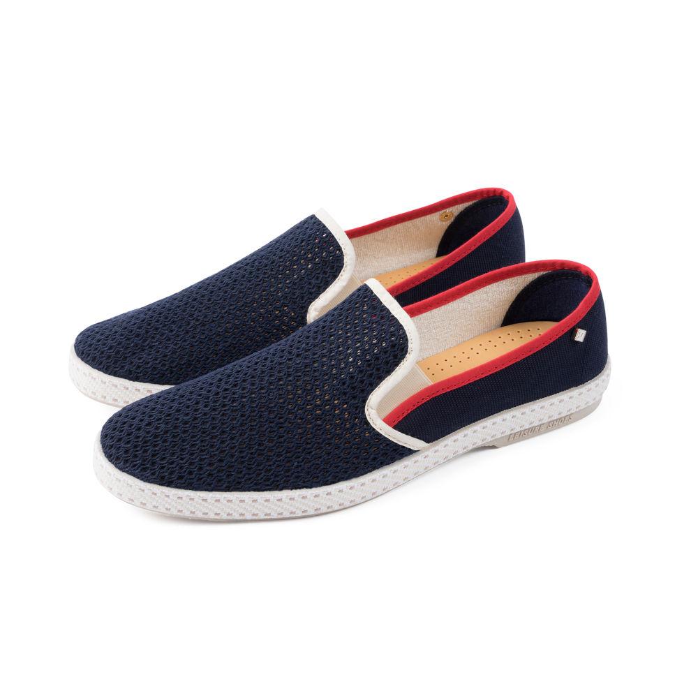 Rivieras Shoes Classic Canvas & Mesh Slip on Loafer in Navy with White and Blue Trim 9226 Mocassin handmade in Spain.