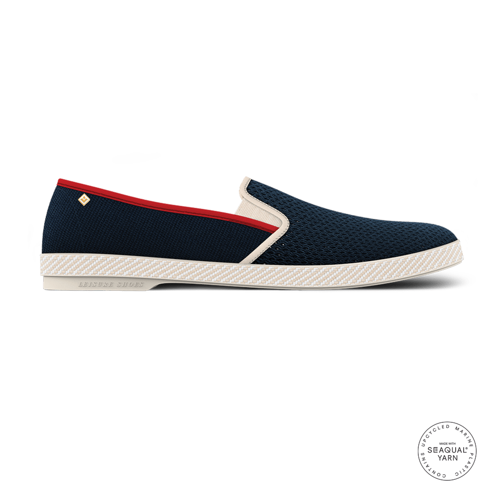 Rivieras Shoes Classic Canvas & Mesh Slip on Loafer in Navy with White and Blue Trim 9226 Mocassin handmade in Spain.
