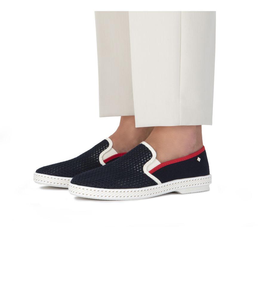 Rivieras Shoes Classic Canvas & Mesh Slip on Loafer in Navy with White and Blue Trim 9226 Mocassin handmade in Spain.