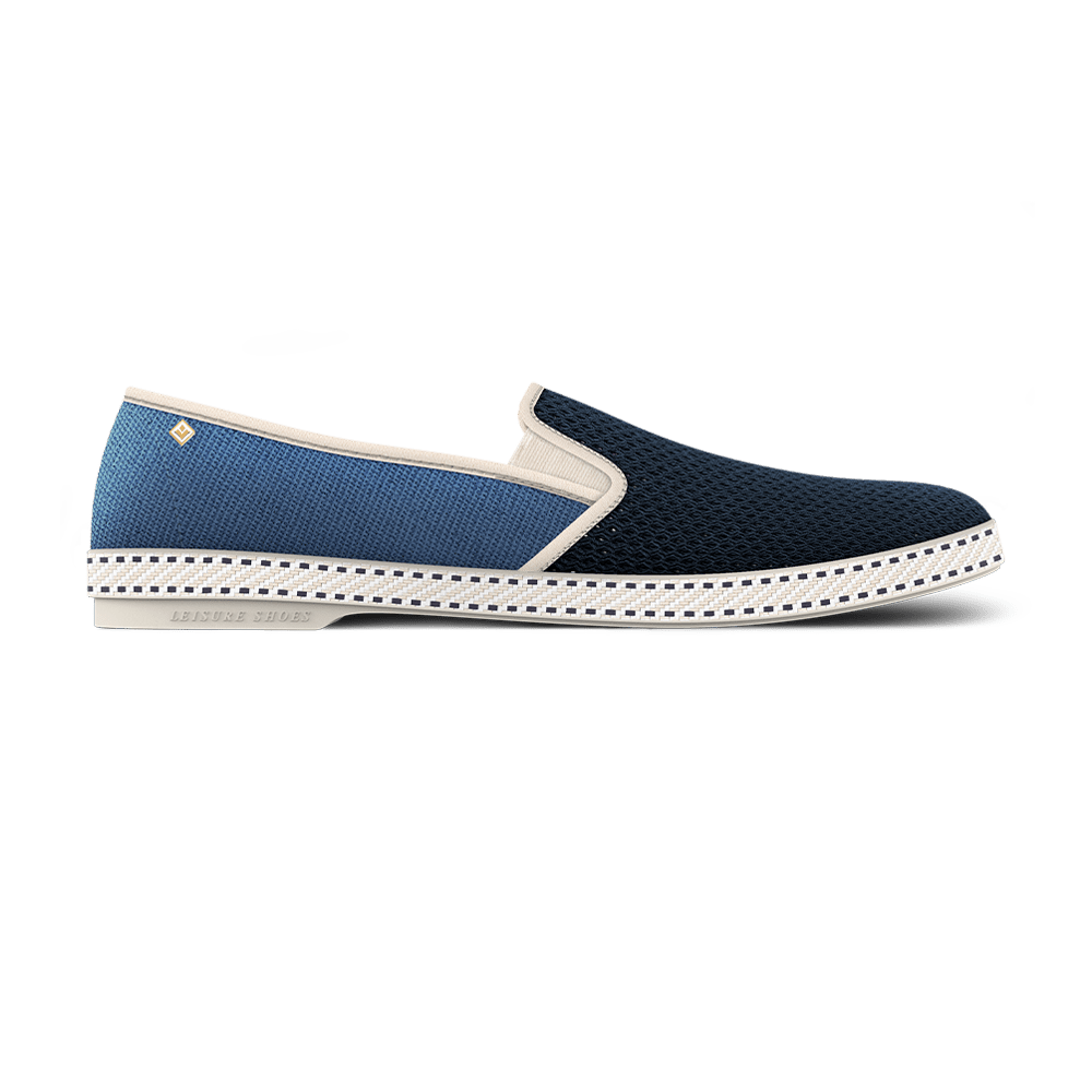 Rivieras Shoes Classic Match Cotton Cavas & Mesh in Light Blue & Navy 9249 Mocassin handmade in Spain.