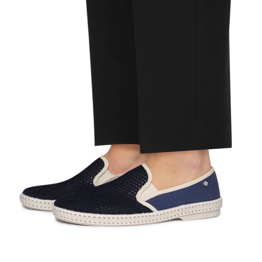 Rivieras Shoes Classic Match Cotton Cavas & Mesh in Light Blue & Navy 9249 Mocassin handmade in Spain.