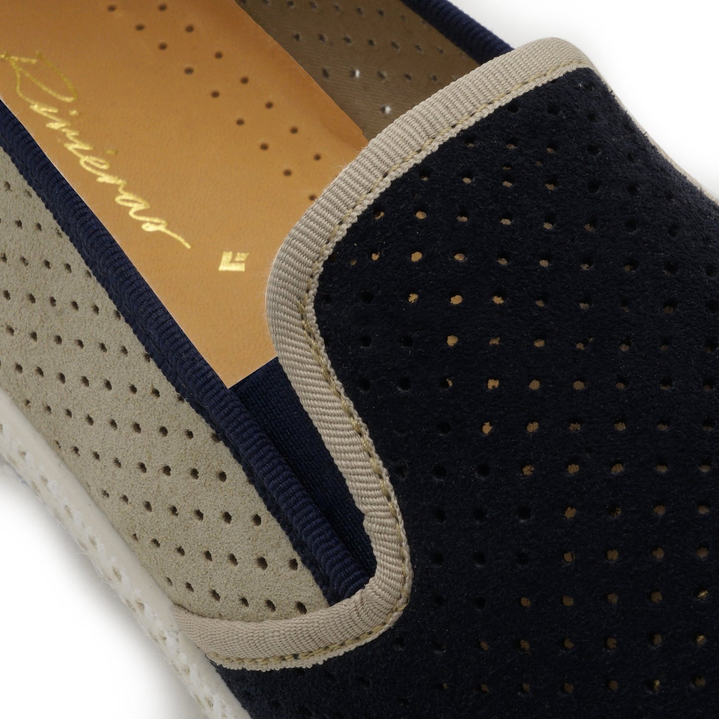 Rivieras Shoes Classic Match Suede Slip - On Loafer in Beige & Navy 3080 Mocassin handmade in Spain.