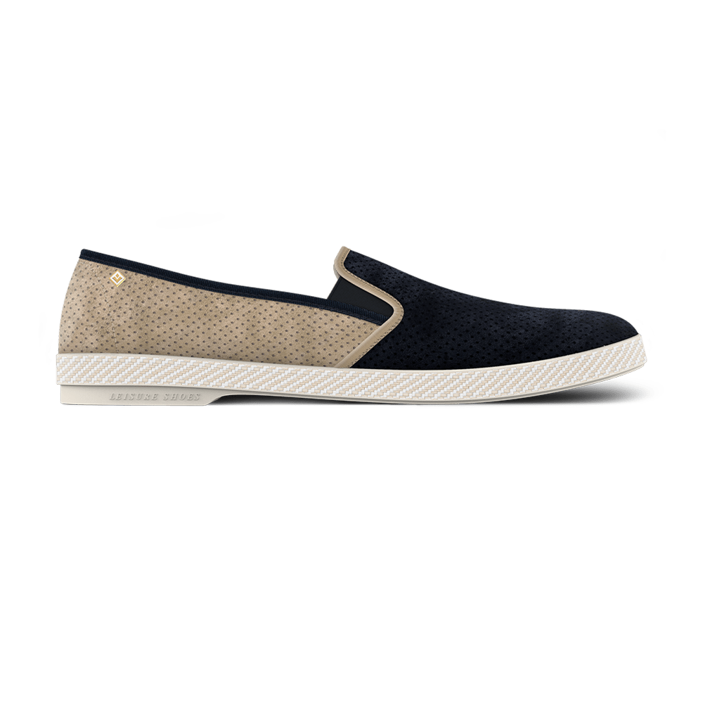 Rivieras Shoes Classic Match Suede Slip - On Loafer in Beige & Navy 3080 Mocassin handmade in Spain.