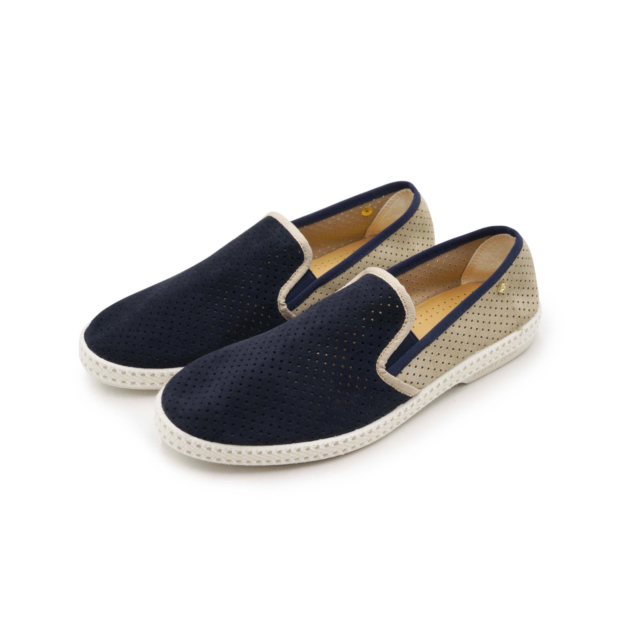 Rivieras Shoes Classic Match Suede Slip - On Loafer in Beige & Navy 3080 Mocassin handmade in Spain.