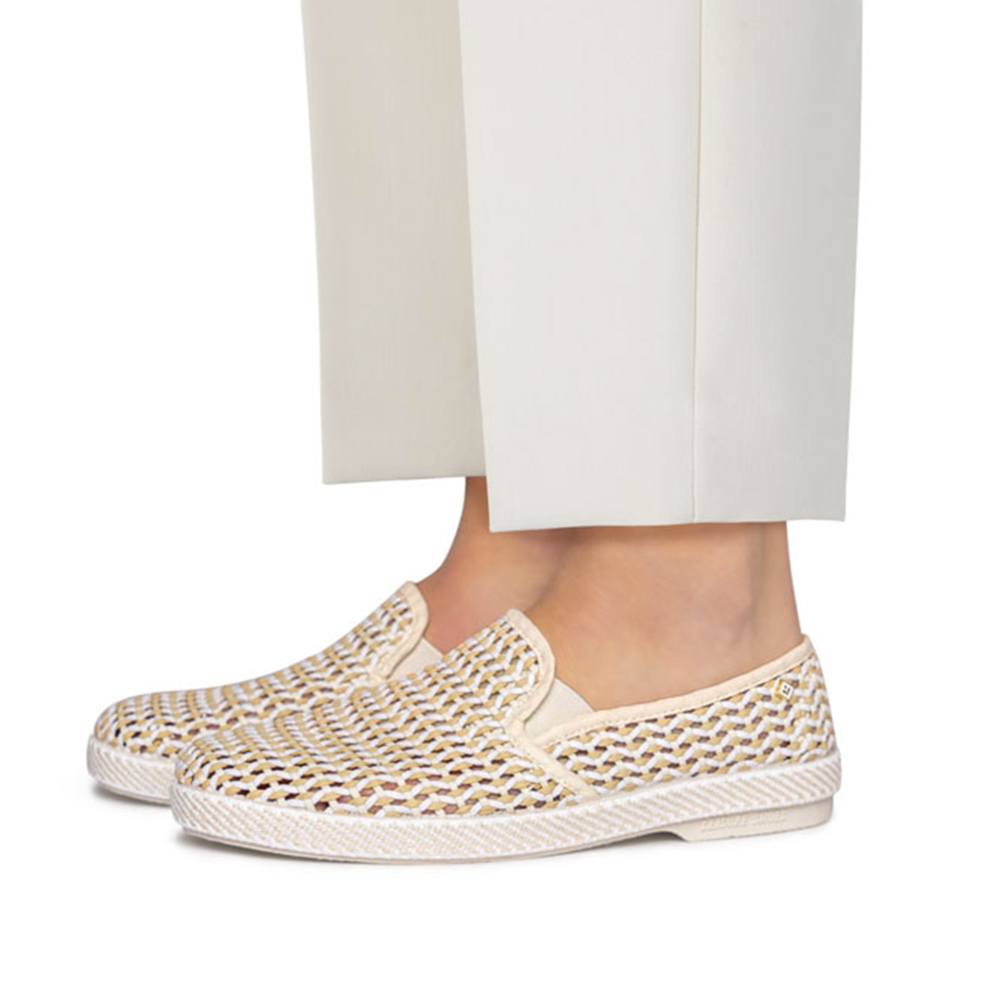 Rivieras Shoes Classic Woven Cotton Slip - On Loafer in Beige 3144 Mocassin handmade in Spain.