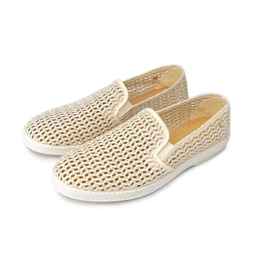 Rivieras Shoes Classic Woven Cotton Slip - On Loafer in Beige 3144 Mocassin handmade in Spain.