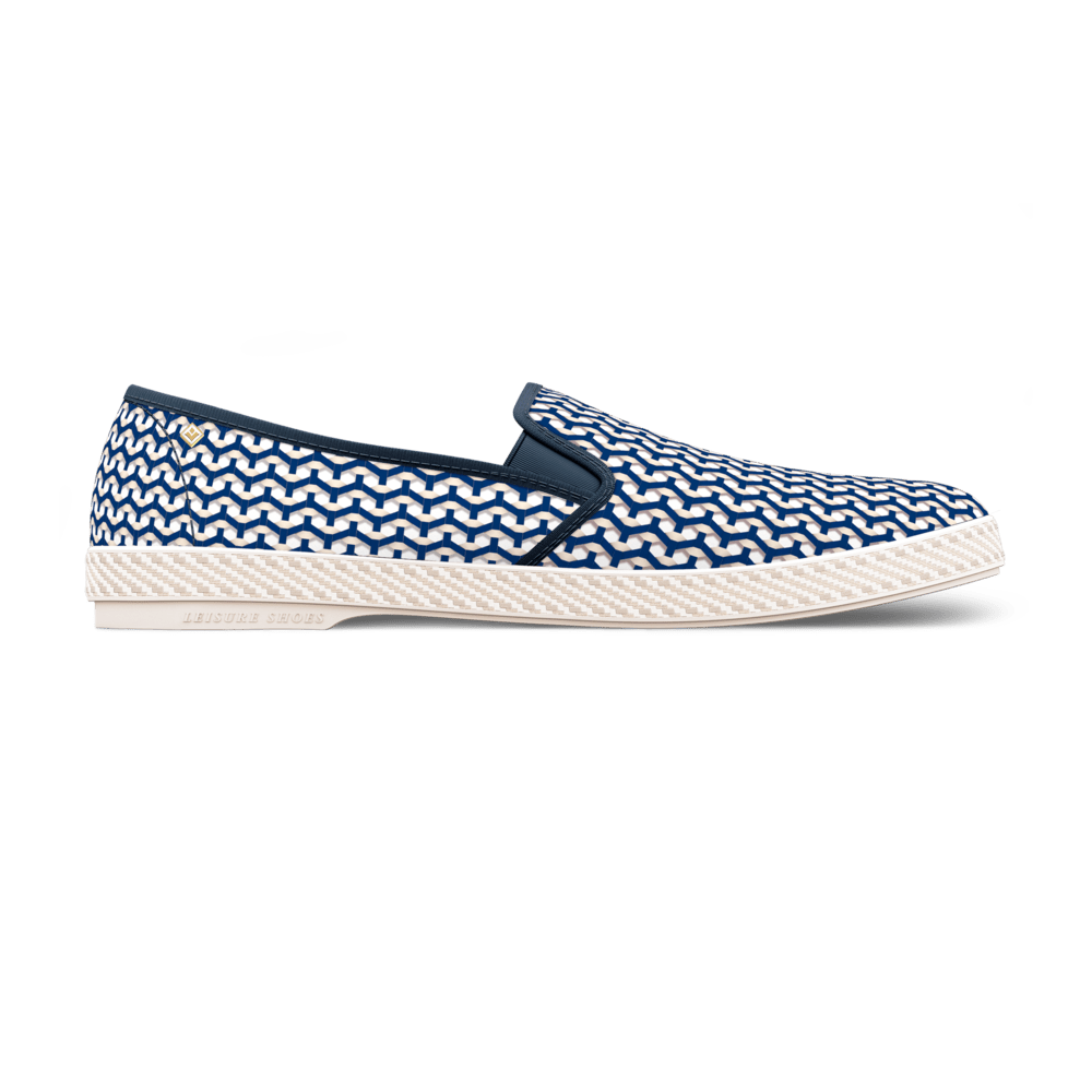 Rivieras Shoes Classic Woven Cotton Slip - On Loafer in Navy & White 3133 Mocassin handmade in Spain.
