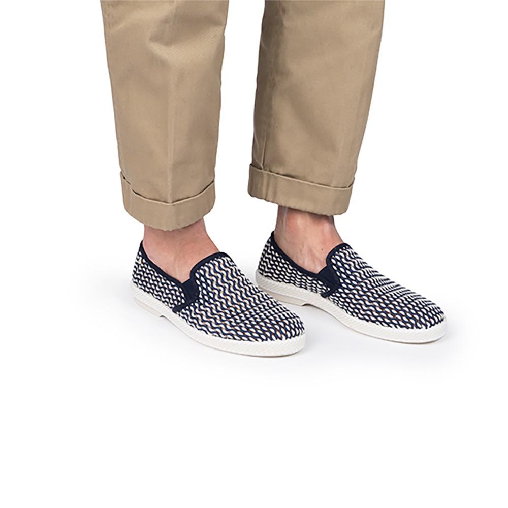 Rivieras Shoes Classic Woven Cotton Slip - On Loafer in Navy & White 3133 Mocassin handmade in Spain.