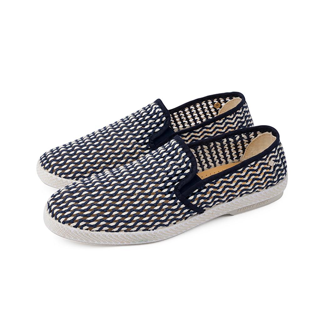 Rivieras Shoes Classic Woven Cotton Slip - On Loafer in Navy & White 3133 Mocassin handmade in Spain.